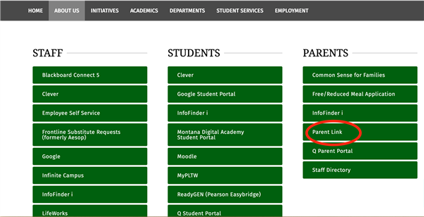 Screen Shot off MCPS website showing the parent web connect links 
